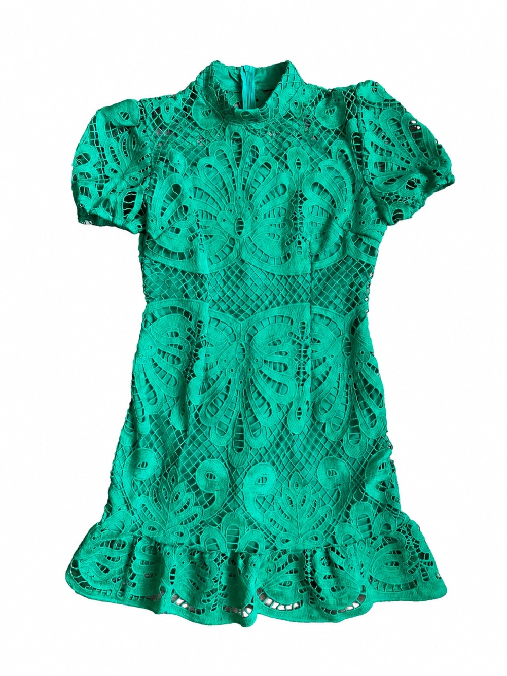 SHEIN Emerald Green Lace Mini Dress Medium Puff Sleeve Mock Neck Crochet Party